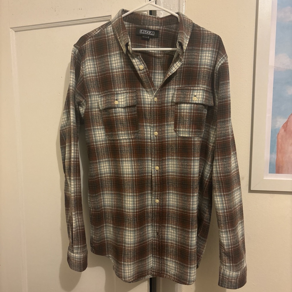 Ezekiel Men's Brown and Blue Plaid Shirt Large